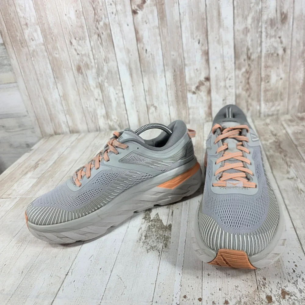 Hoka One One Bondi 7 Harbor Mist Sharkskin Grey Orange Running Shoes Womens 10
